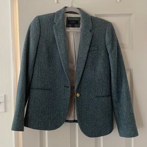 Teal J. Crew wool tweed herringbone blazer.